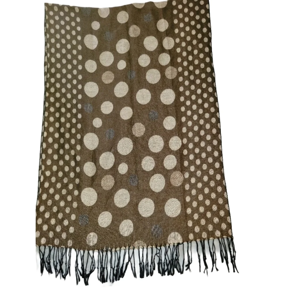 Reversible Brown and Tan Polka Dot Fringe Scarf/Wrap -26
